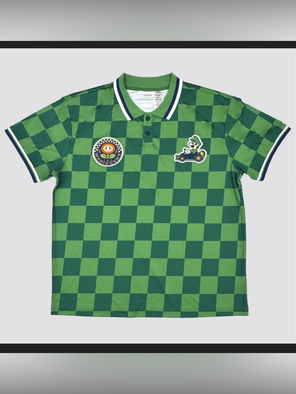 Nintendo Mario Kart Green Checkerboard Polo with Racing Patches. Luigi Men’s M